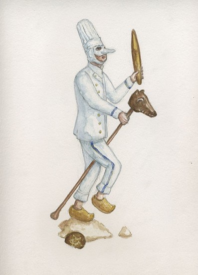 KAHN + SELESNICK, MADAME LULU'S BOOK OF FATE TAROT COSTUME DRAWING: KNAVE OF PENTACLES
watercolor on paper