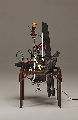 DAVID KIMBALL ANDERSON, "CLEAN FIRE," FIRE
steel, charred wood, neon and incandescent light