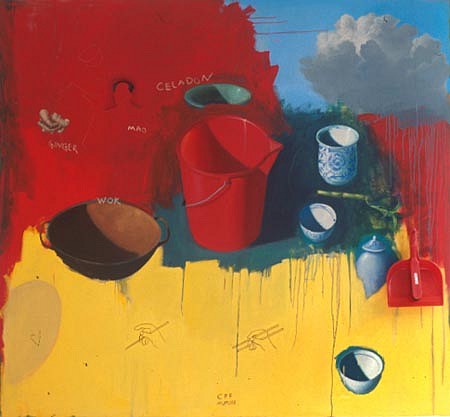 CHRISTOPHER PELLEY, Large Chinoiserie (Red Bucket)
oil on canvas & found object