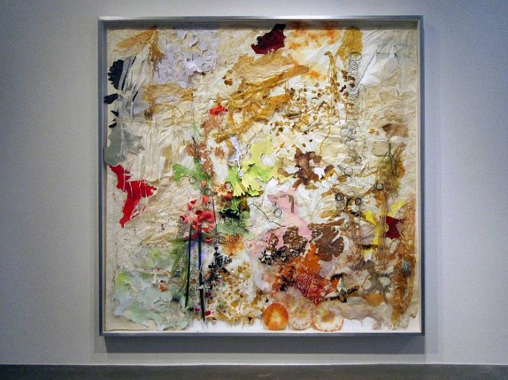 JUDY PFAFF, THE THING WITH FEATHERS
burnt, folded and perforated Crown Kozo paper, ink, dyed coffee filters, found images, silk flowers, binding wire and pressed fauna