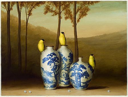 DAVID KROLL, THREE FINCHES, THREE VASES
oil on linen