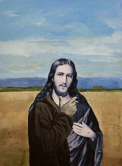 TOM JUDD, JESUS SMOKING
acrylic and collage on panel
