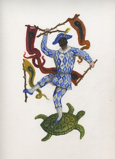 KAHN + SELESNICK, MADAME LULU'S BOOK OF FATE TAROT COSTUME DRAWING: 4 OF WANDS
watercolor on paper