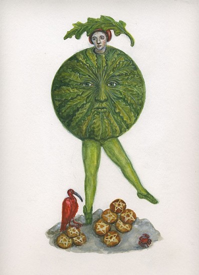 KAHN + SELESNICK, MADAME LULU'S BOOK OF FATE TAROT COSTUME DRAWING: 9 OF PENTACLES<br />
watercolor on paper