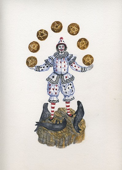KAHN + SELESNICK, MADAME LULU'S BOOK OF FATE TAROT COSTUME DRAWING: 7 OF PENTACLES
watercolor on paper
