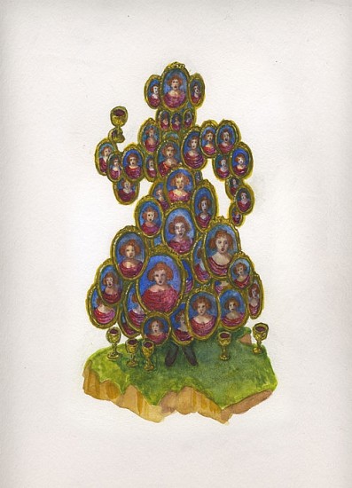 KAHN + SELESNICK, MADAME LULU'S BOOK OF FATE TAROT COSTUME DRAWING: 6 OF CUPS <br />
watercolor on paper