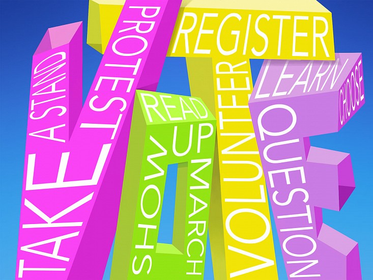 DEBORAH ZLOTSKY, DEMOCRACY IS NOT A SPECTATOR SPORT
inkjet print