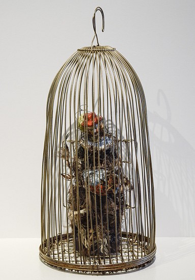 DEBORAH DANCY, PAYBACK
hand-painted figurine with porcelain bird, sawdust, feather and bird cage
