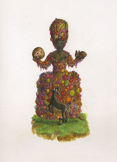 KAHN + SELESNICK, MADAME LULU'S BOOK OF FATE TAROT COSTUME DRAWING: QUEEN OF PENTACLES
watercolor on paper